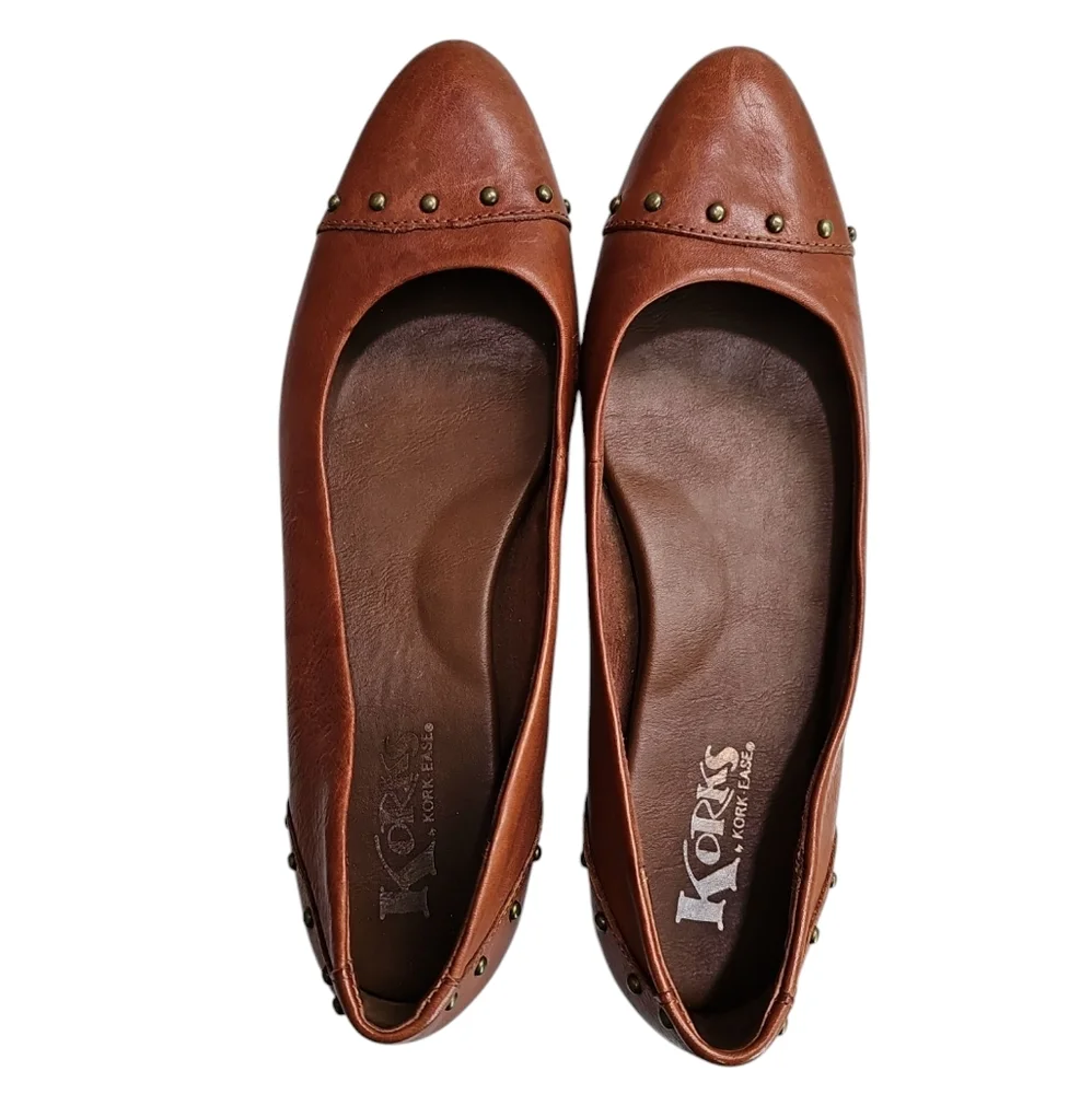 Korks Women 8.5 Brown Leather Studded Pointed Toe Ballet Flat Archival Essential - Picture 6 of 8